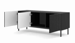 Szafka RTV Ravenna C 150cm 3D, frez MDF Diament z ramą, czarny mat / czarny połysk - nogi metalowe czarne - otwarta