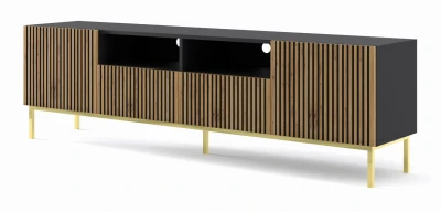 Szafka RTV Ravenna F 200cm 2D2S, frez MDF malowany z ramą, czarny mat / dąb artisan - nogi metalowe złote