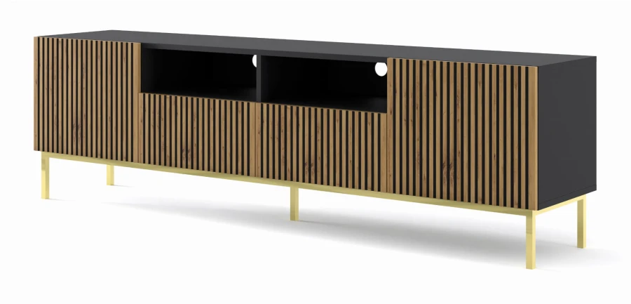 Szafka RTV Ravenna F 200cm 2D2S, frez MDF malowany z ramą, czarny mat / dąb artisan - nogi metalowe złote