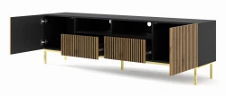 Szafka RTV Ravenna F 200cm 2D2S, frez MDF malowany z ramą, czarny mat / dąb artisan - nogi metalowe złote - otwarta