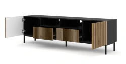 Szafka RTV Ravenna F 200cm 2D2S, frez MDF malowany z ramą, czarny mat / dąb artisan - nogi metalowe czarne - otwarta