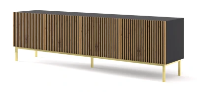Szafka RTV Ravenna F 200cm 4D, frez MDF malowany z ramą, czarny mat / dąb artisan - nogi metalowe złote