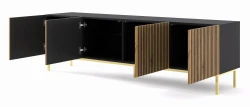 Szafka RTV Ravenna F 200cm 4D, frez MDF malowany z ramą, czarny mat / dąb artisan - nogi metalowe złote - otwarta