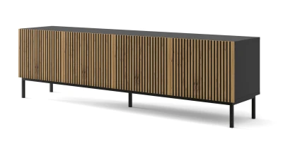 Szafka RTV Ravenna F 200cm 4D, frez MDF malowany z ramą, czarny mat / dąb artisan - nogi metalowe czarne