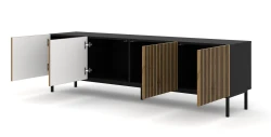 Szafka RTV Ravenna F 200cm 4D, frez MDF malowany z ramą, czarny mat / dąb artisan - nogi metalowe czarne - otwarta