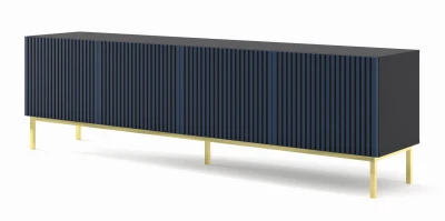 Szafka RTV Ravenna F 200cm 4D, frez MDF malowany z ramą, czarny mat / granat - nogi metalowe złote