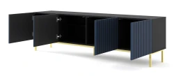 Szafka RTV Ravenna F 200cm 4D, frez MDF malowany z ramą, czarny mat / granat - nogi metalowe złote - otwarta