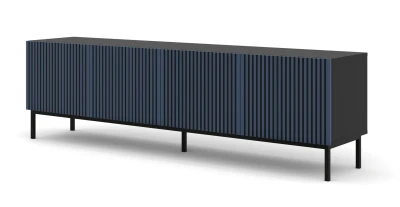 Szafka RTV Ravenna F 200cm 4D, frez MDF malowany z ramą, czarny mat / granat - nogi metalowe czarne