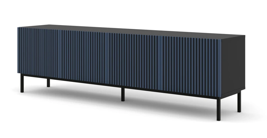 Szafka RTV Ravenna F 200cm 4D, frez MDF malowany z ramą, czarny mat / granat - nogi metalowe czarne