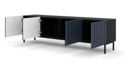 Szafka RTV Ravenna F 200cm 4D, frez MDF malowany z ramą, czarny mat / granat - nogi metalowe czarne - otwarta