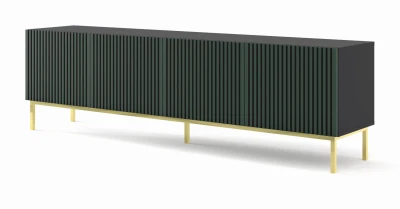 Szafka RTV Ravenna F 200cm 4D, frez MDF malowany z ramą, czarny mat / zieleń - nogi metalowe złote