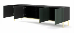 Szafka RTV Ravenna F 200cm 4D, frez MDF malowany z ramą, czarny mat / zieleń - nogi metalowe złote - otwarta