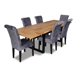 Nowoczesny zestaw mebli jadalnianych - Stół rozkładany loftowy prostokątny S7 METAL 90x160/260 z 6 krzesłami K11-G - zestaw rozłożony przedstawiony od boku.