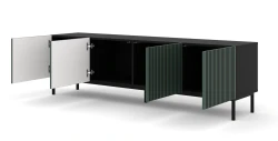 Szafka RTV Ravenna F 200cm 4D, frez MDF malowany z ramą, czarny mat / zieleń - nogi metalowe czarne - otwarta