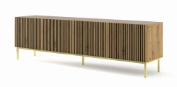 Szafka RTV Ravenna F 200cm 4D, frez MDF malowany z ramą, dąb artisan - nogi metalowe złote