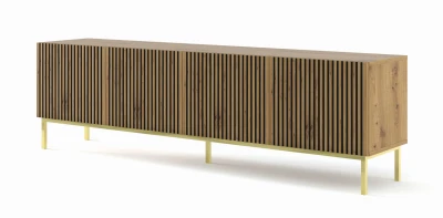 Szafka RTV Ravenna F 200cm 4D, frez MDF malowany z ramą, dąb artisan - nogi metalowe złote