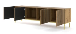 Szafka RTV Ravenna F 200cm 4D, frez MDF malowany z ramą, dąb artisan - nogi metalowe złote - otwarta