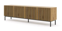 Szafka RTV Ravenna F 200cm 4D, frez MDF malowany z ramą, dąb artisan - nogi metalowe czarne