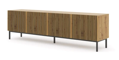 Szafka RTV Ravenna F 200cm 4D, frez MDF malowany z ramą, dąb artisan - nogi metalowe czarne
