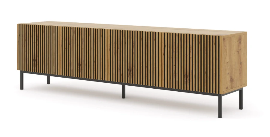 Szafka RTV Ravenna F 200cm 4D, frez MDF malowany z ramą, dąb artisan - nogi metalowe czarne