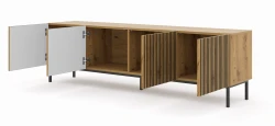 Szafka RTV Ravenna F 200cm 4D, frez MDF malowany z ramą, dąb artisan - nogi metalowe czarne - otwarta