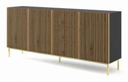 Komoda z szufladami Ravenna F 3D3S 200cm, frez MDF malowany z ramą, czarny mat / dąb artisan - nogi metalowe złote