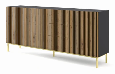 Komoda z szufladami Ravenna F 3D3S 200cm, frez MDF malowany z ramą, czarny mat / dąb artisan - nogi metalowe złote