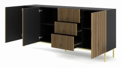 Komoda Ravenna F 3D3S 200cm, frez MDF malowany z ramą, czarny mat / dąb artisan - nogi metalowe złote - otwarta
