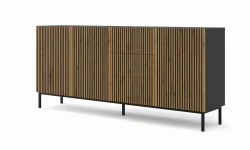 Komoda Ravenna F 3D3S 200cm, frez MDF malowany z ramą, czarny mat / dąb artisan - nogi metalowe czarne
