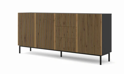 Komoda z szufladami Ravenna F 3D3S 200cm, frez MDF malowany z ramą, czarny mat / dąb artisan - nogi metalowe czarne
