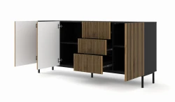 Komoda Ravenna F 3D3S 200cm, frez MDF malowany z ramą, czarny mat / dąb artisan - nogi metalowe czarne - otwarta