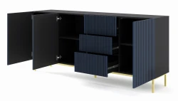 Komoda Ravenna F 3D3S 200cm, frez MDF malowany z ramą, czarny mat / granat - nogi metalowe złote - otwarta