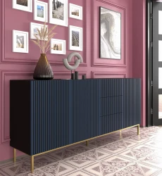 Komoda Ravenna F 3D3S 200cm, frez MDF malowany z ramą, czarny mat / granat - nogi metalowe złote - w aranżacji