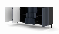 Komoda Ravenna F 3D3S 200cm, frez MDF malowany z ramą, czarny mat / granat - nogi metalowe czarne - otwarta