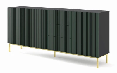 Komoda z szufladami Ravenna F 3D3S 200cm, frez MDF malowany z ramą, czarny mat / zieleń - nogi metalowe złote