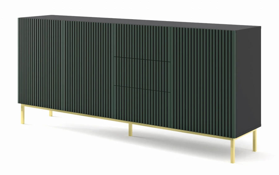 Komoda Ravenna F 3D3S 200cm, frez MDF malowany z ramą, czarny mat / zieleń - nogi metalowe złote