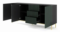 Komoda Ravenna F 3D3S 200cm, frez MDF malowany z ramą, czarny mat / zieleń - nogi metalowe złote - otwarta