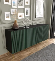 Komoda Ravenna F 3D3S 200cm, frez MDF malowany z ramą, czarny mat / zieleń - nogi metalowe złote - w aranżacji