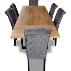 Nowoczesny zestaw mebli jadalnianych - Stół rozkładany loftowy prostokątny S7 METAL 90x160/260 z 6 krzesłami K11-G - zestaw rozłożony przedstawiony od frontu.