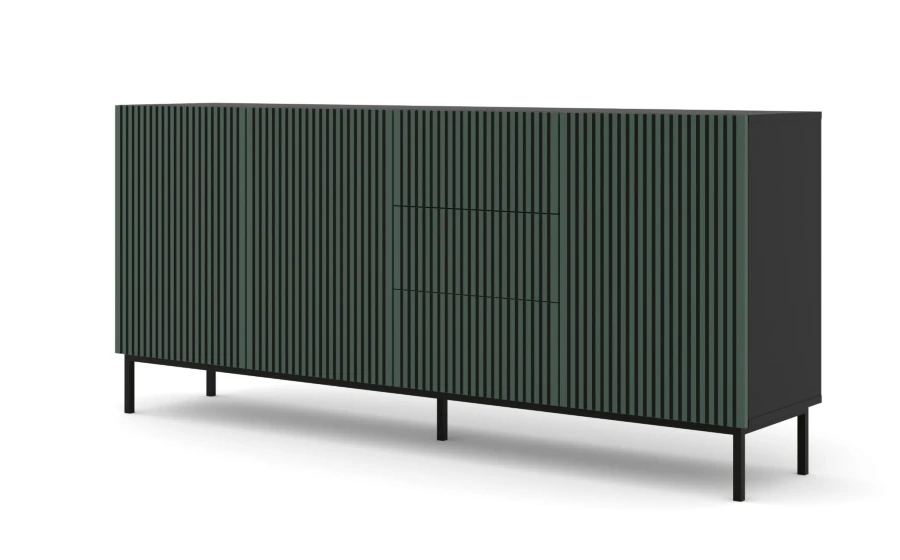 Komoda Ravenna F 3D3S 200cm, frez MDF malowany z ramą, czarny mat / zieleń - nogi metalowe czarne