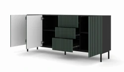 Komoda Ravenna F 3D3S 200cm, frez MDF malowany z ramą, czarny mat / zieleń - nogi metalowe czarne - otwarta