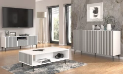 Komoda Ravenna P 150cm 3D, biały mat / czarny mat - nogi metalowe czarne szpilka - w salonie - aranżacja