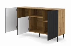 Komoda Ravenna PB 2D1DM 150cm, dąb artisan / czarny mat - nogi metalowe czarne szpilka - otwarta