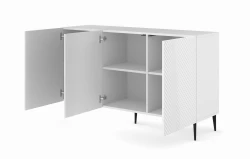 Komoda Ravenna PB 3D 150cm, biały mat / biały połysk - nogi metalowe czarne szpilka - otwarta