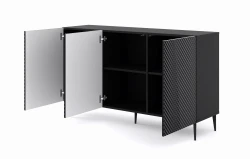 Komoda Ravenna PB 3D 150cm, czarny mat / czarny połysk - nogi metalowe czarne szpilka - otwarta