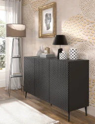 Komoda Ravenna PB 3D 150cm, czarny mat / czarny połysk - nogi metalowe czarne szpilka - w aranżacji