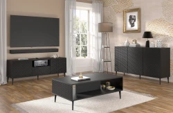 Komoda Ravenna PB 3D 150cm, czarny mat / czarny połysk - nogi metalowe czarne szpilka - komoda w nowoczesnym salonie - aranżacja