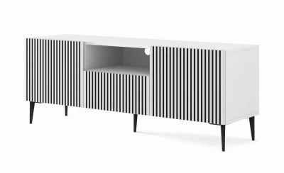 Szafka RTV Ravenna P 2D1S 150cm, biały mat / czarny mat - nogi metalowe czarne szpilka