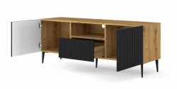 Szafka RTV Ravenna PB 2D1S 150cm, dąb artisan / czarny mat - nogi metalowe czarne szpilka - otwarta