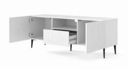 Szafka RTV Ravenna PB 2D1S 150cm, biały mat - nogi metalowe czarne szpilka - otwarta